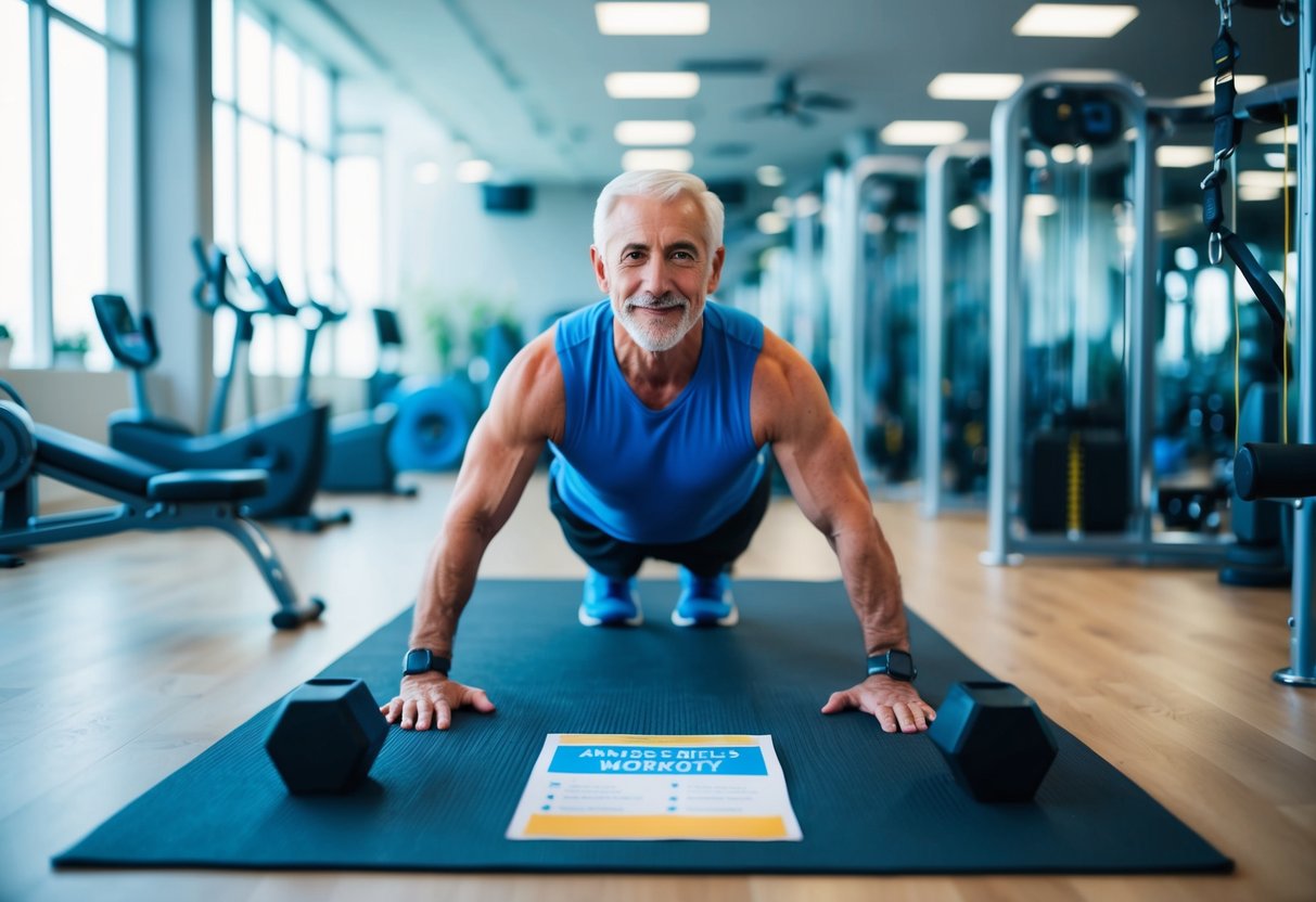 A senior exercising in an isometric position, surrounded by various fitness equipment and a personalized workout plan