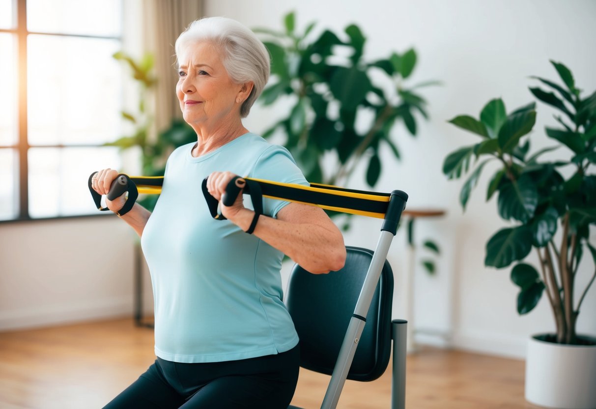 An elderly person performing isometric exercises using resistance bands and a chair for support in a well-lit room with plants in the background