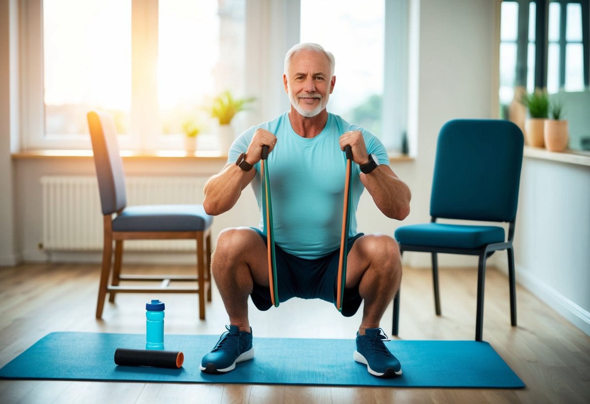 A senior using resistance bands to perform isometric exercises in a well-lit room with a chair and water bottle nearby