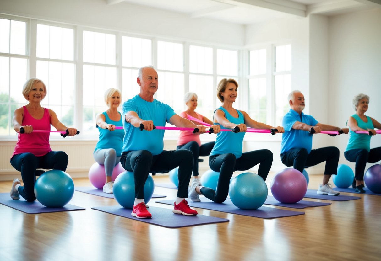 A group of seniors performing isometric exercises in a bright, spacious room with large windows, using resistance bands and stability balls