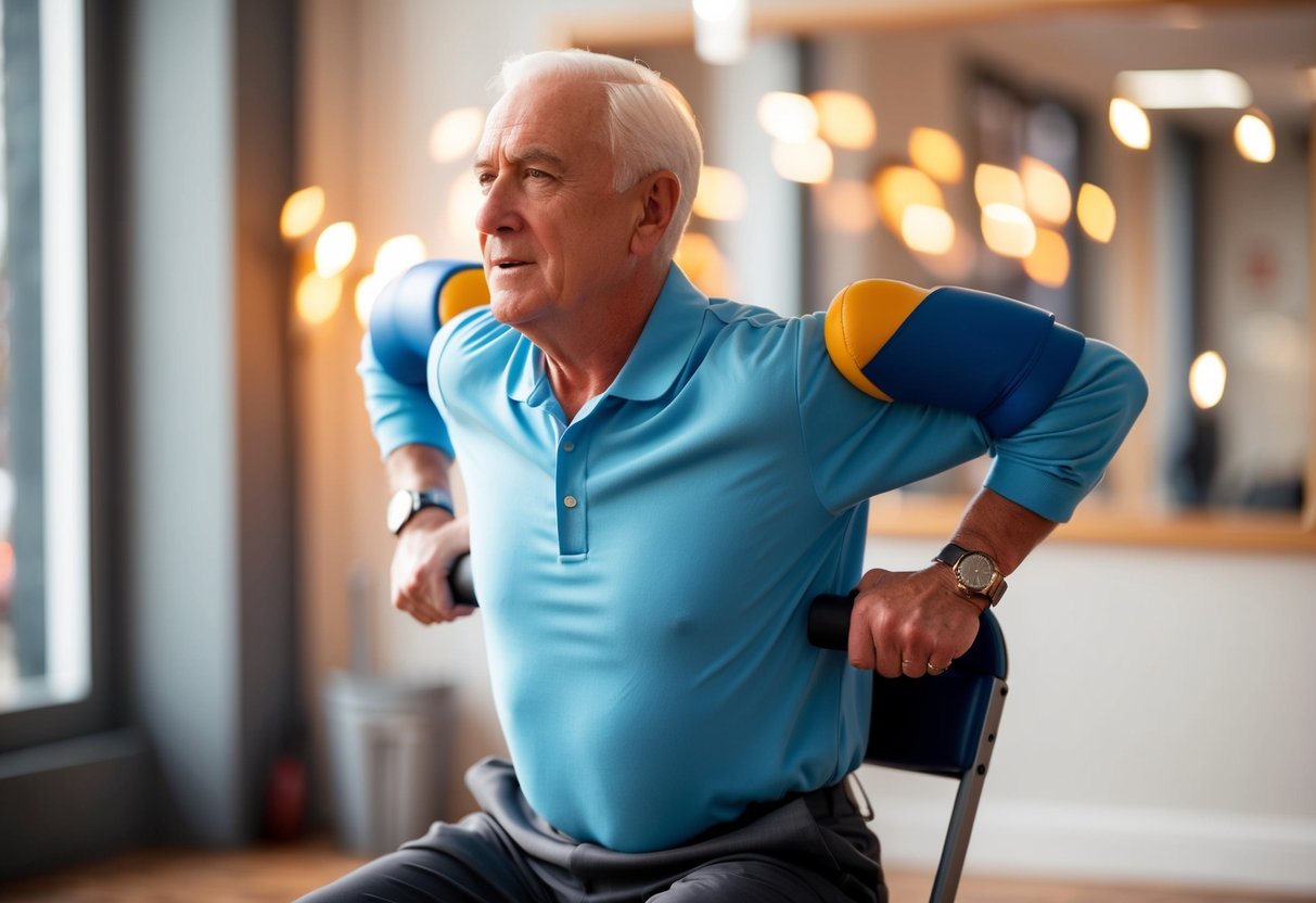 A senior holding onto a sturdy chair while performing isometric exercises, with a focus on proper form and controlled breathing