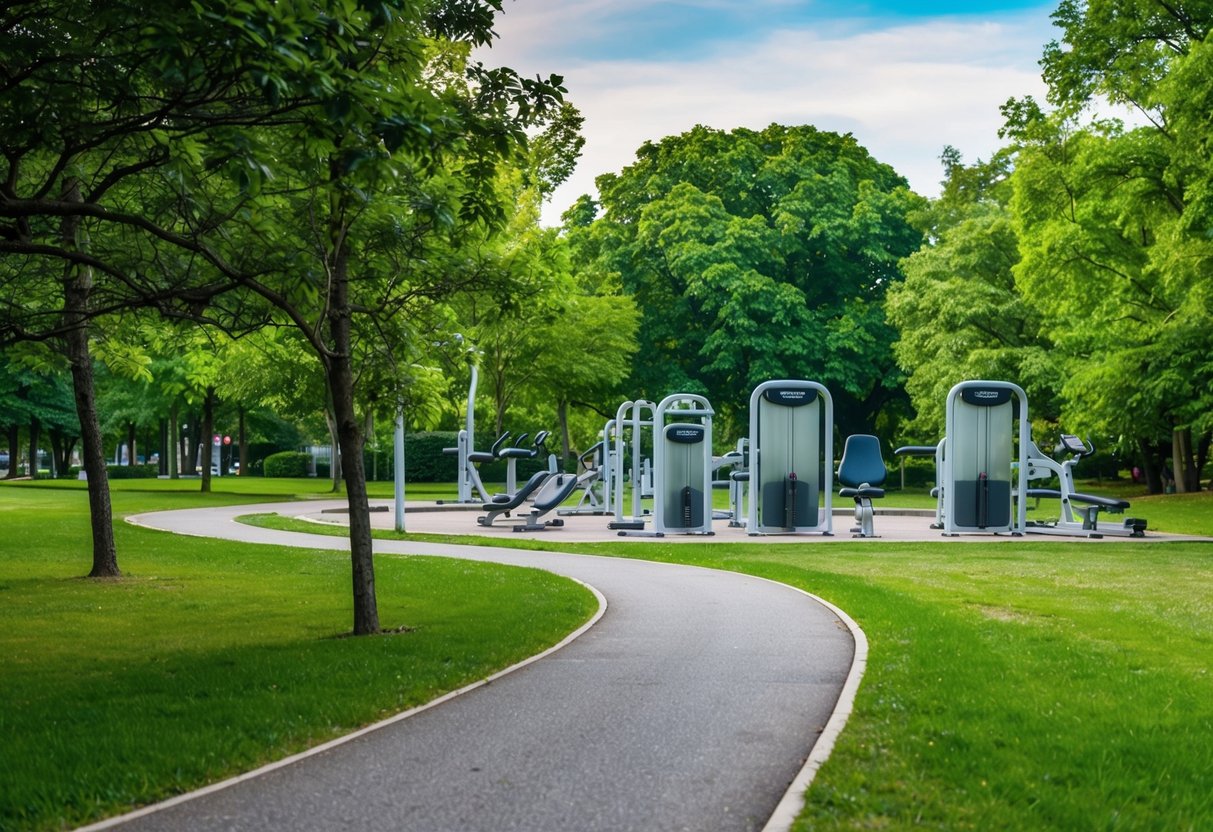 A serene park with a paved path winding through lush greenery, leading to a peaceful outdoor gym area equipped with low-impact exercise machines