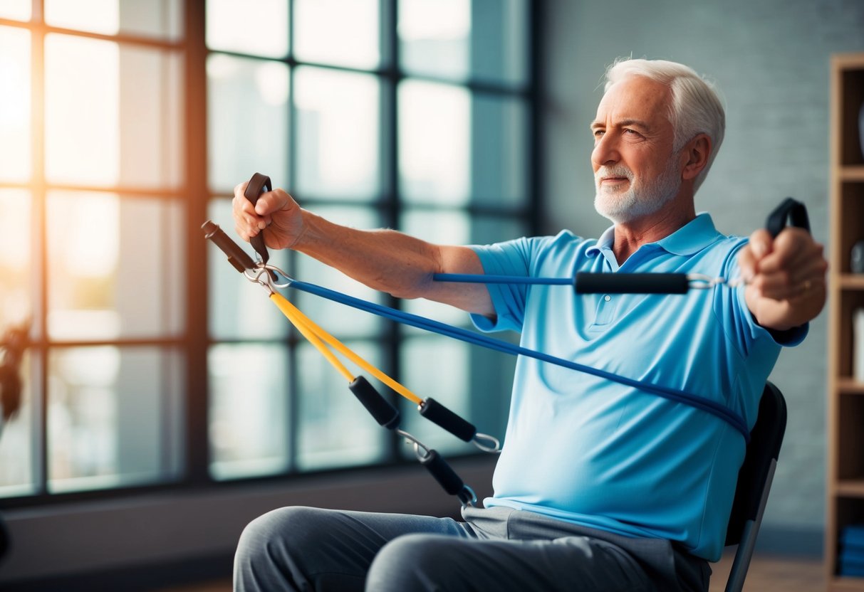 A senior completes isometric exercises using resistance bands and a chair for support, while following safety precautions