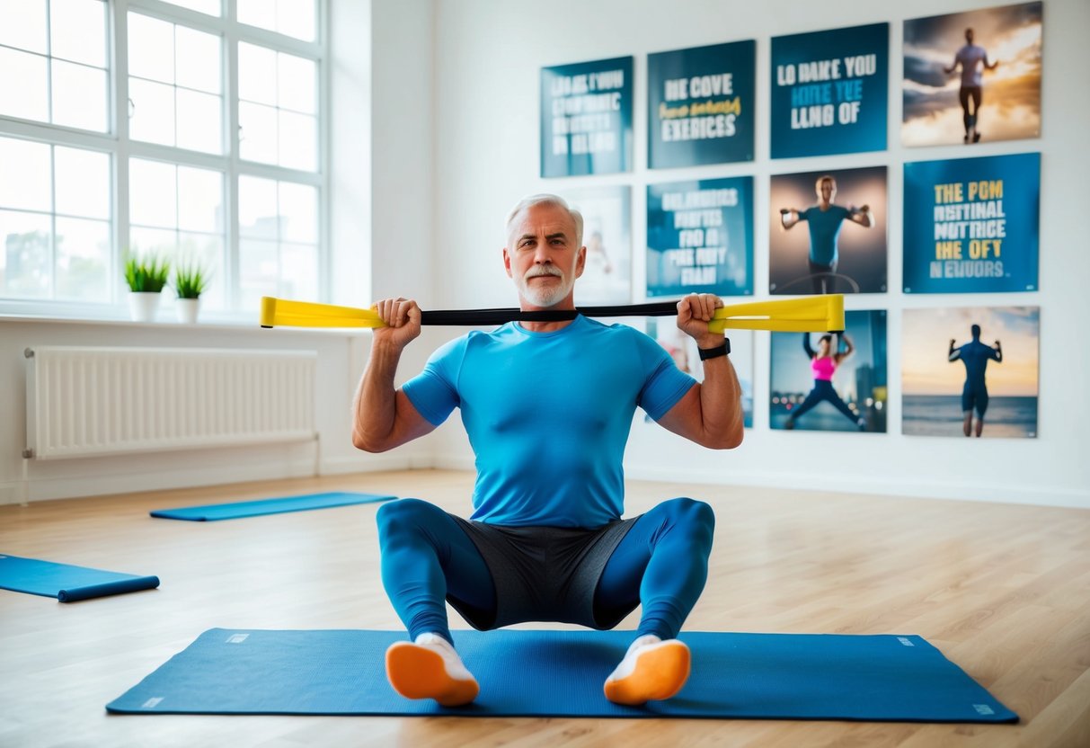 A senior using resistance bands for isometric exercises in a bright, spacious room with large windows, surrounded by motivational quotes and images