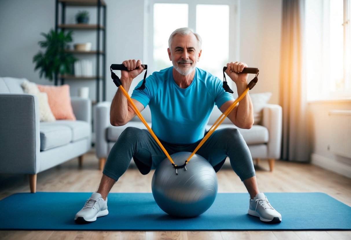 A senior uses resistance bands and a stability ball for isometric exercises in a well-lit living room