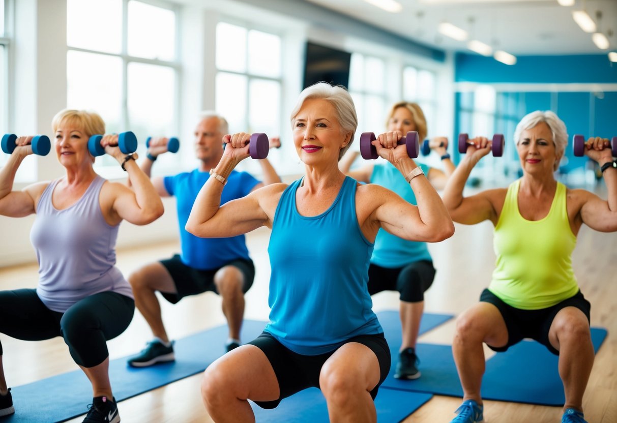 A group of seniors performing isometric exercises with resistance bands and hand weights in a bright, spacious fitness studio