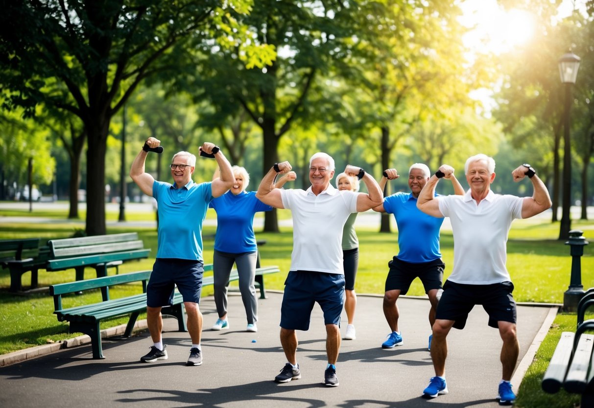 A group of seniors performing isometric exercises in a park, surrounded by trees and benches. The sun is shining, and they are all smiling and focused