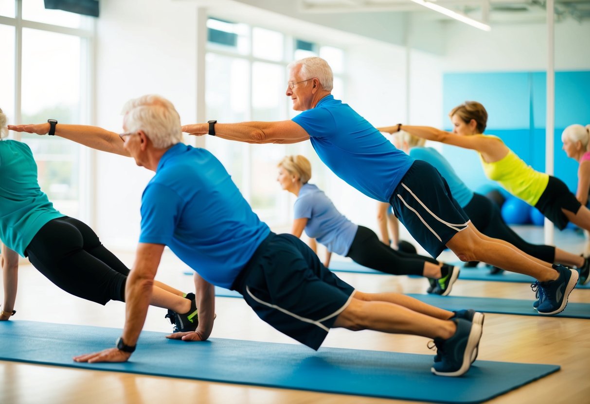 A group of seniors engaging in isometric exercises, such as wall sits and planks, in a bright and spacious fitness studio