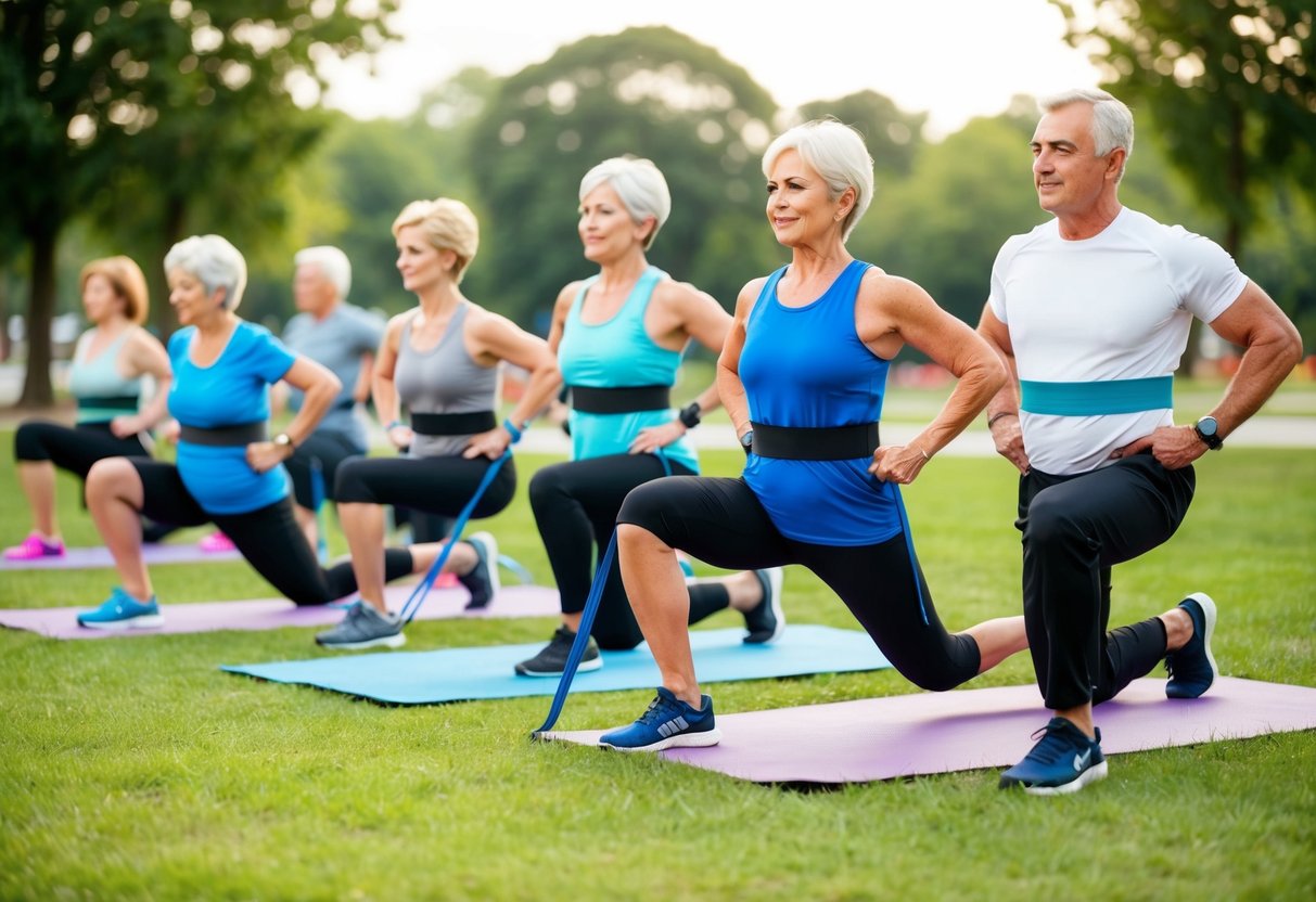 A group of seniors performing isometric exercises in a park, using resistance bands and yoga mats, with a fitness instructor guiding them