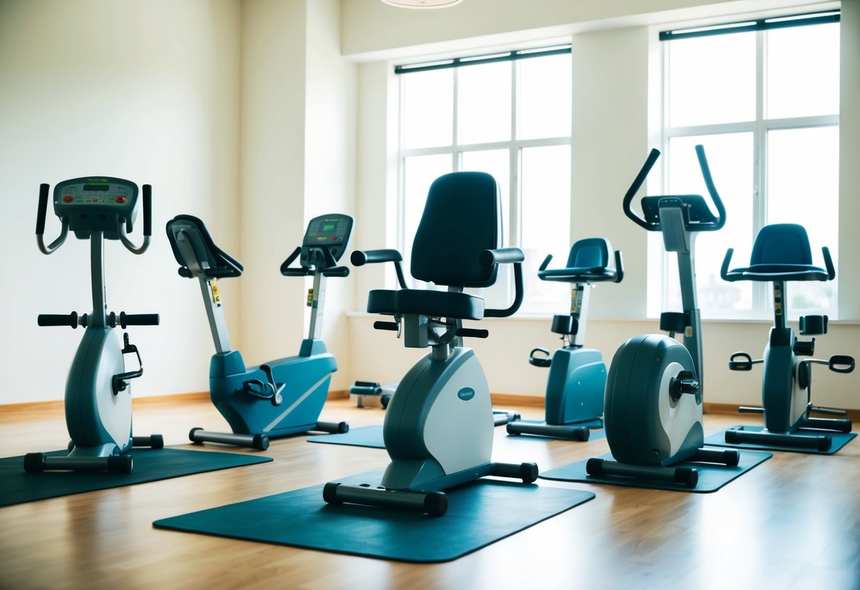 A group of senior-friendly exercise equipment arranged in a bright, spacious room with safety mats and handrails