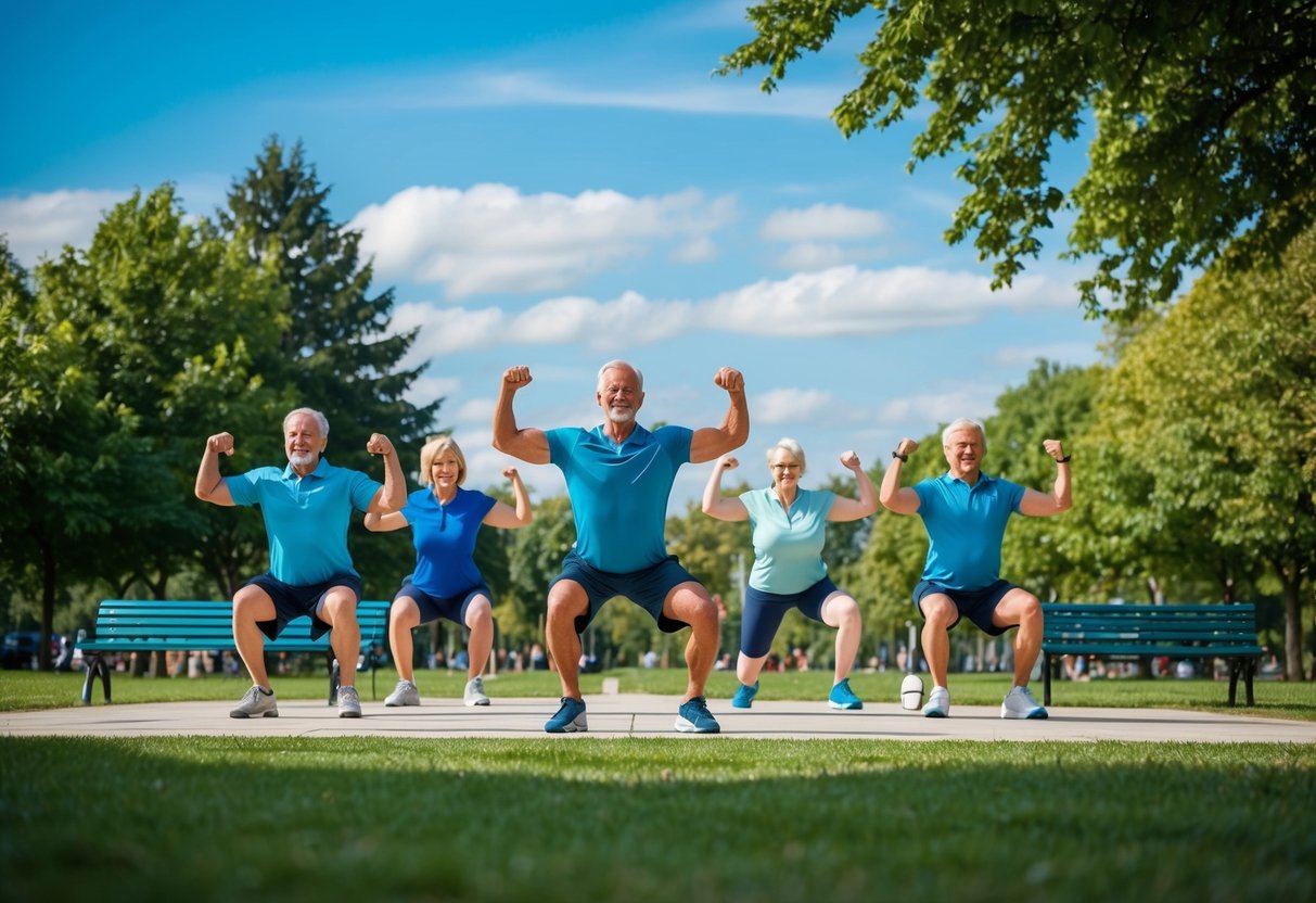 A group of seniors performing isometric exercises in a park, surrounded by trees and benches, with a clear blue sky overhead