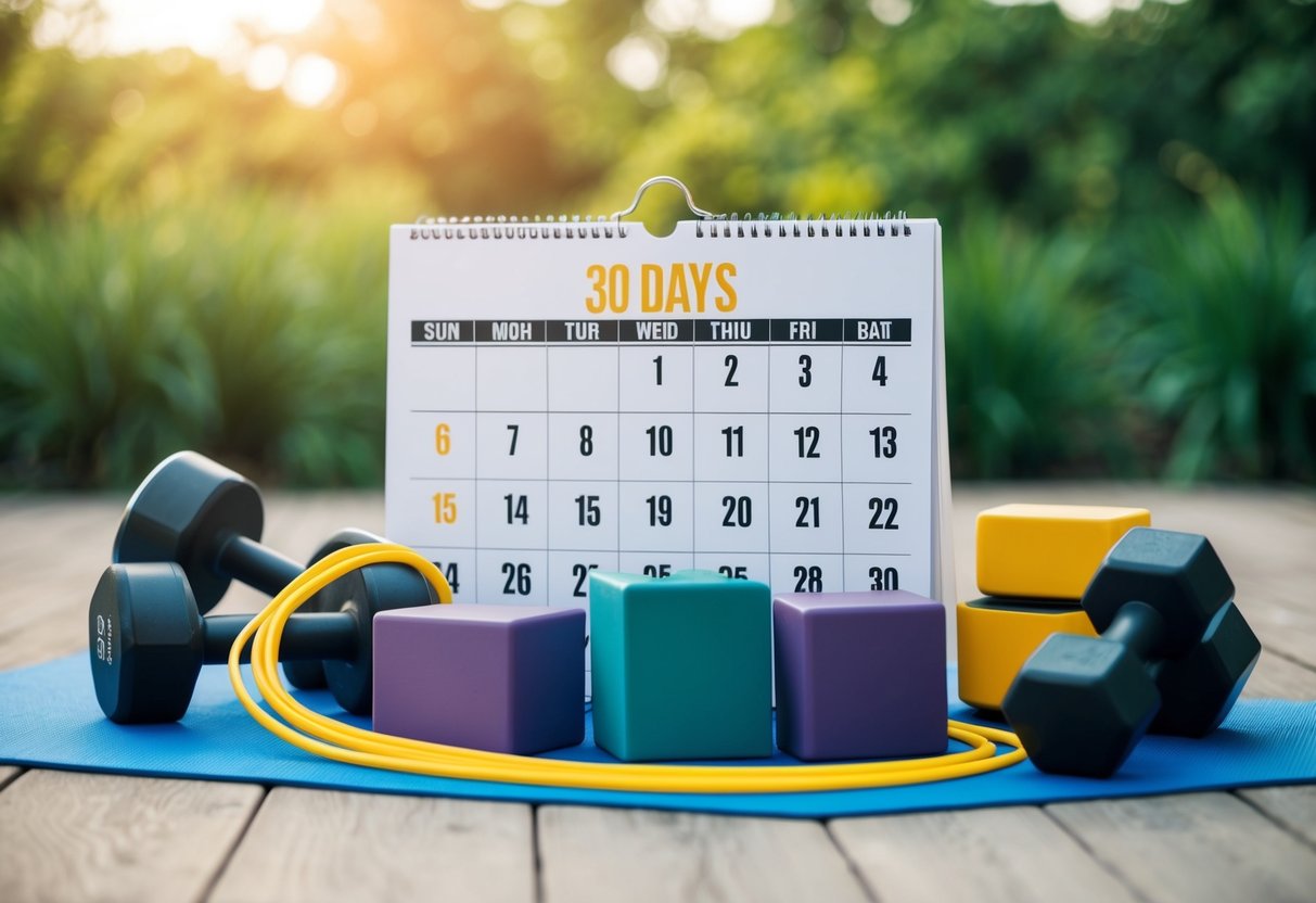 A calendar with 30 days marked off, surrounded by various isometric exercise equipment like resistance bands, yoga blocks, and hand weights