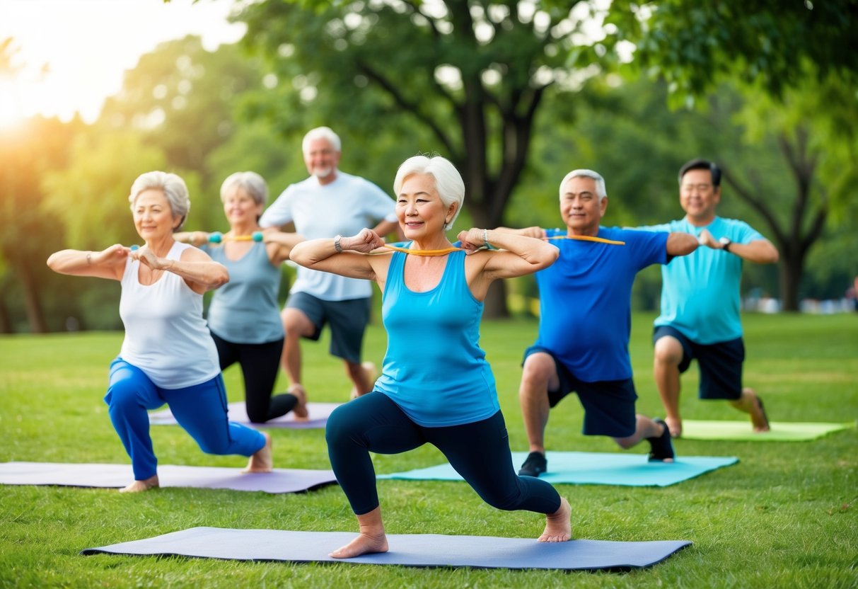 A group of seniors participating in isometric exercises in a park setting. They are engaging in various activities such as yoga, tai chi, and resistance band exercises