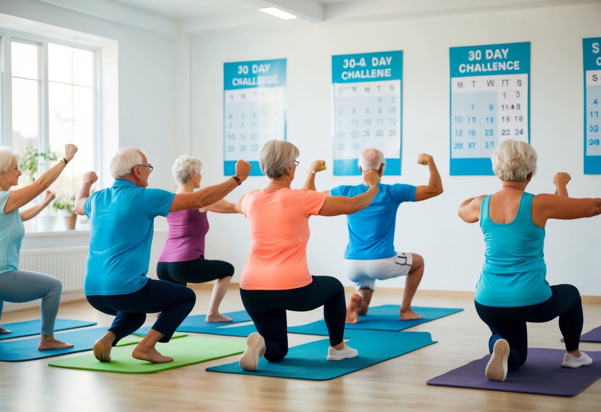 A group of senior citizens engaged in isometric exercises in a bright, spacious room, with motivational posters on the walls and a calendar marking the 30-day challenge