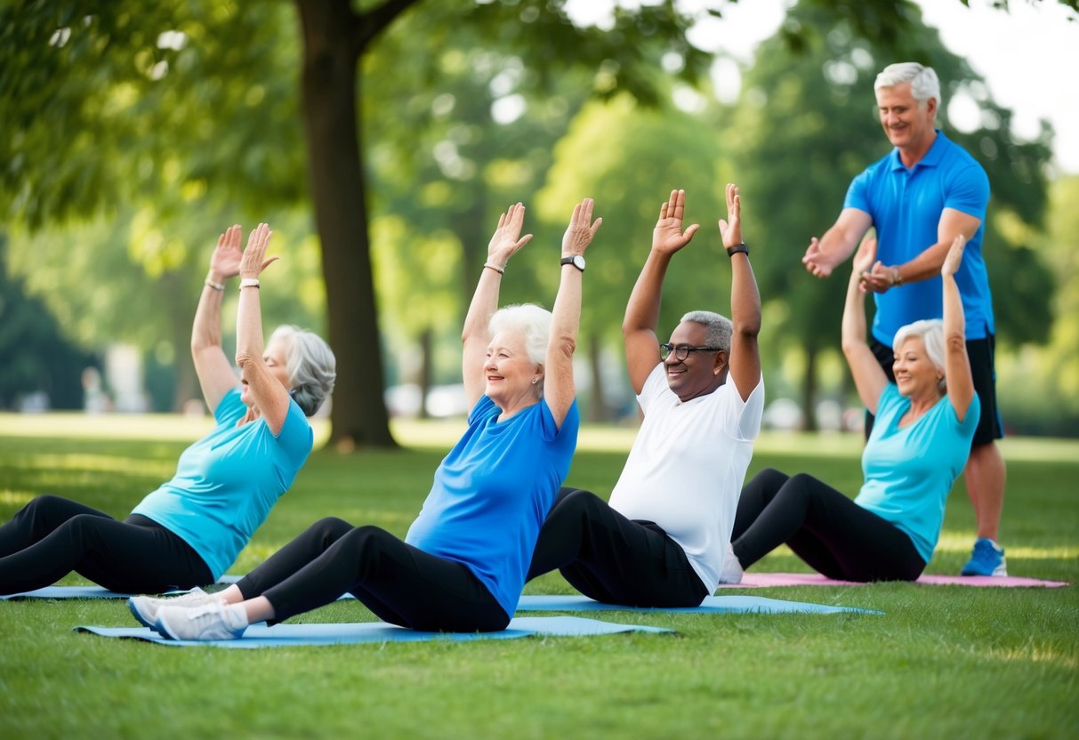 A group of seniors in a park, stretching and exercising with the assistance of a fitness instructor