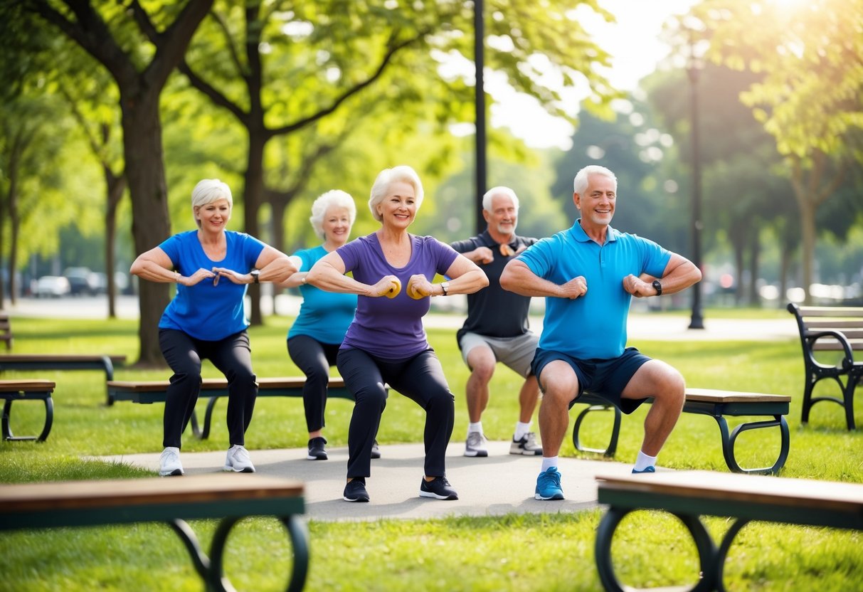 A group of seniors performing isometric exercises in a park, surrounded by trees and benches. The sun is shining, and they are smiling and focused