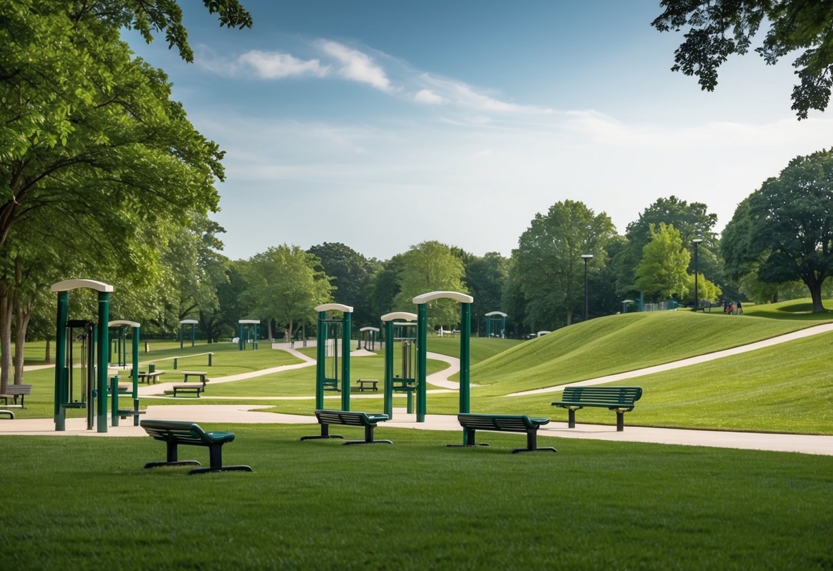 A serene park with exercise stations, benches, and gentle slopes, surrounded by trees and a clear sky