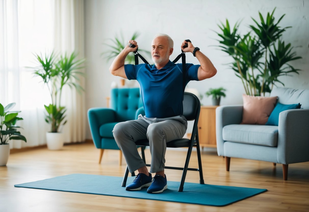 A senior performing isometric exercises using a chair and resistance band in a well-lit living room with plants in the background