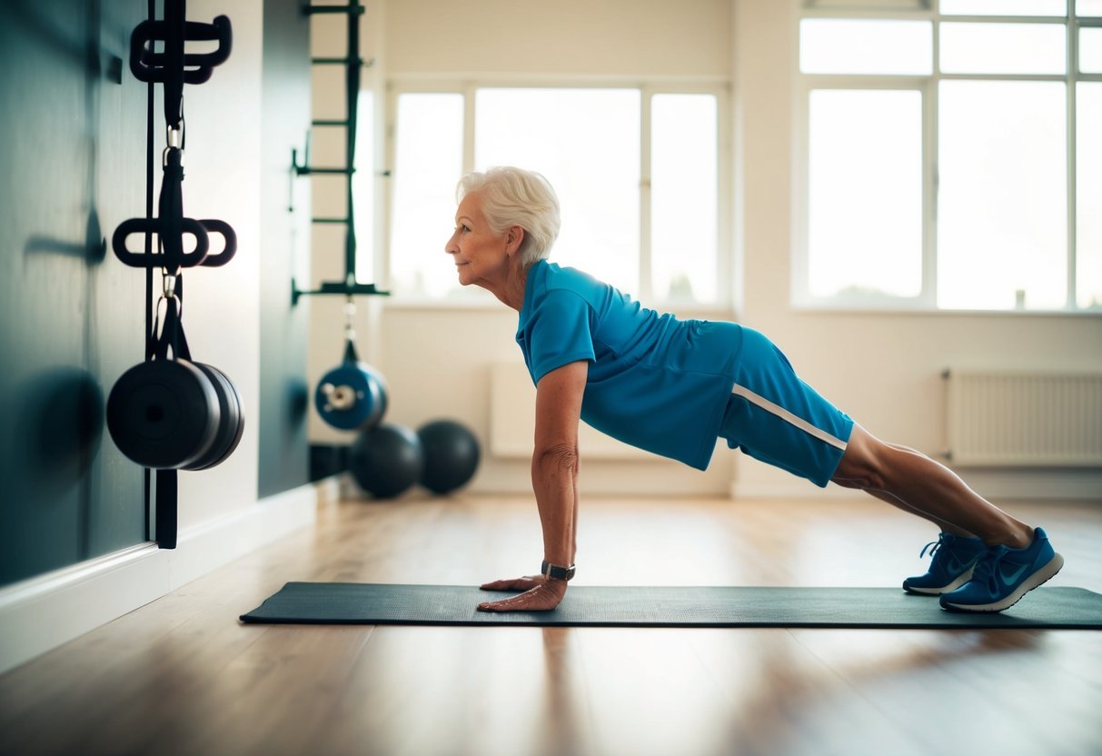 A senior in workout attire stands in a spacious, well-lit room, performing isometric exercises such as wall sits, planks, and standing leg lifts