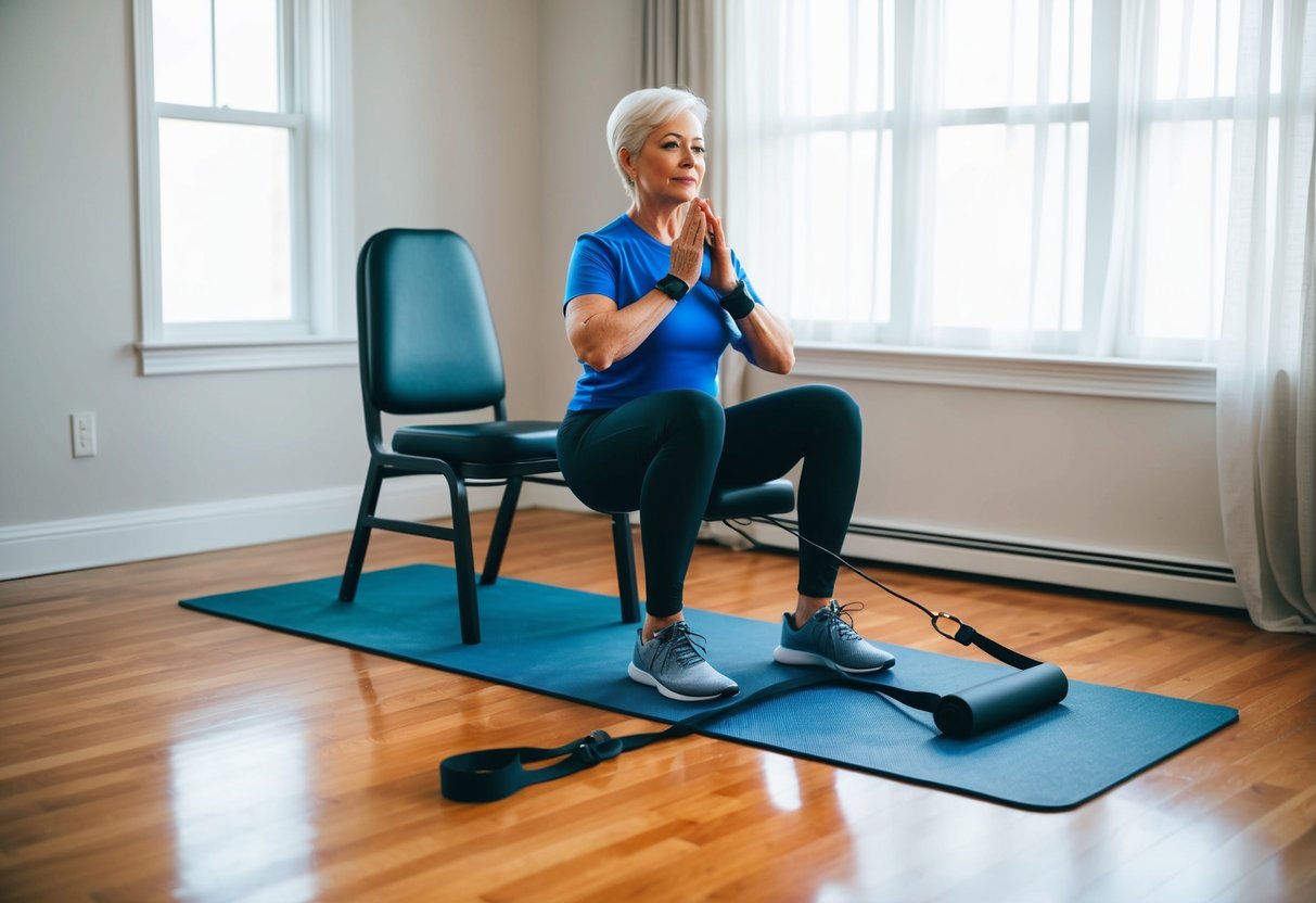 A senior isometric workout routine with a chair, resistance band, and yoga mat on a hardwood floor in a well-lit room