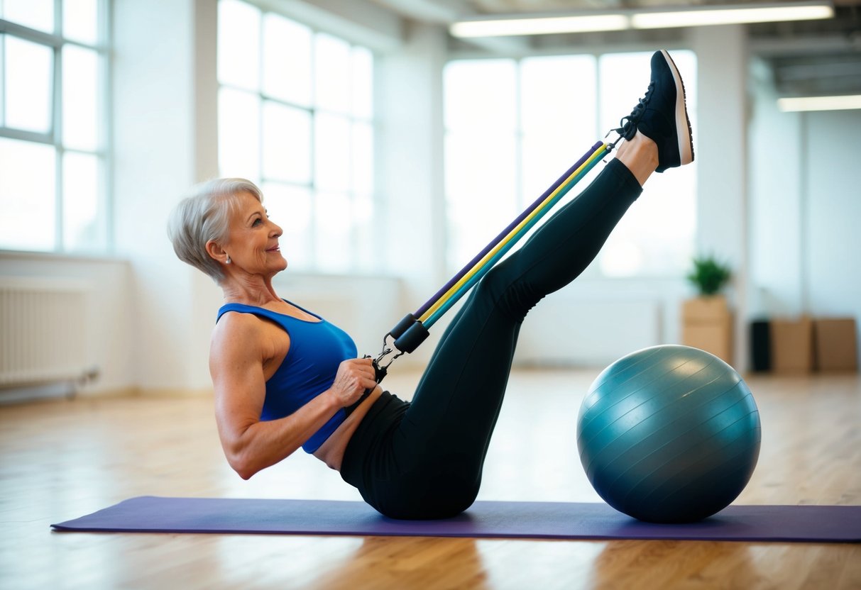 A senior engages in isometric exercises, focusing on the upper body and core, using resistance bands and a stability ball in a bright, open space