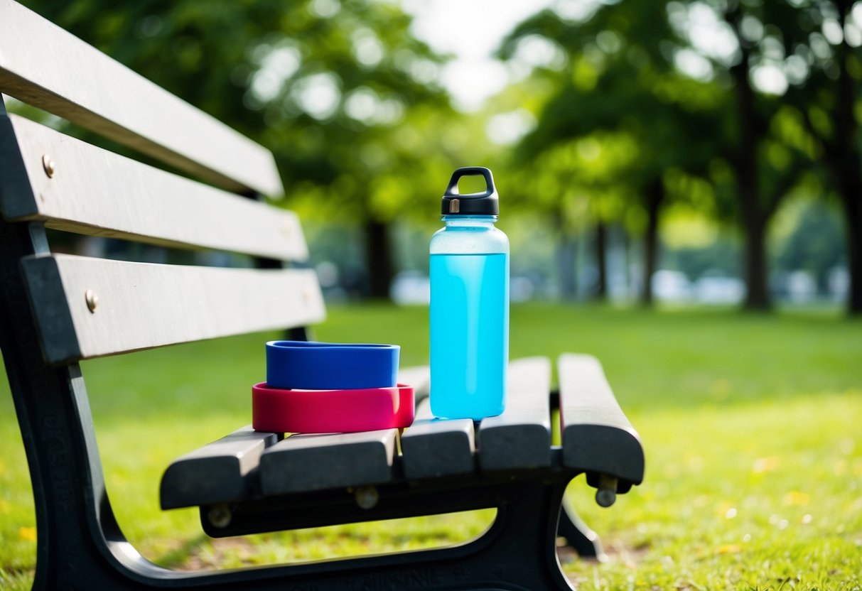 A peaceful park setting with a bench, water bottle, and resistance bands