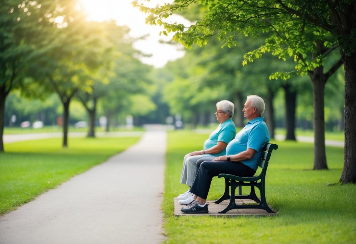 A serene park setting with a bench, trees, and a clear path for seniors to perform isometric exercises