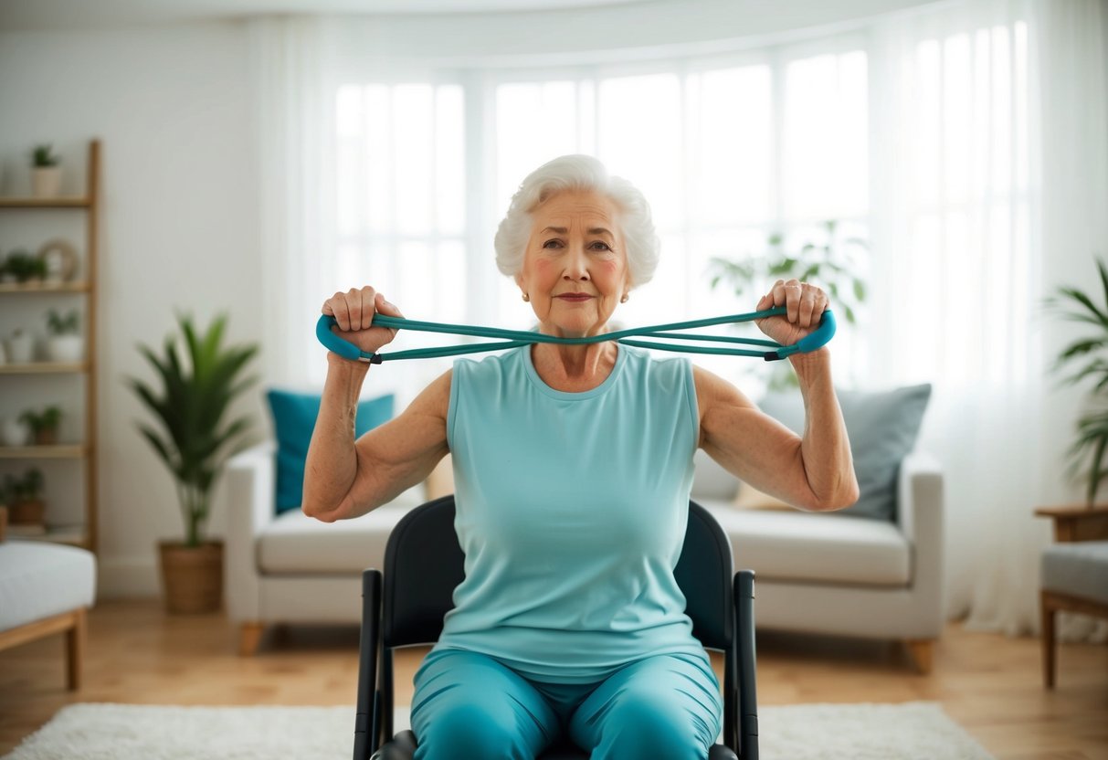 An elderly person performing isometric exercises in a living room, using a chair and resistance bands