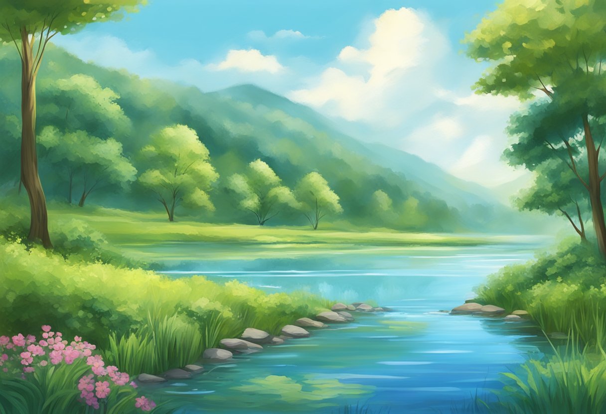 A serene landscape with a clear blue sky, surrounded by lush greenery and flowing water, evoking a sense of calm and inner peace