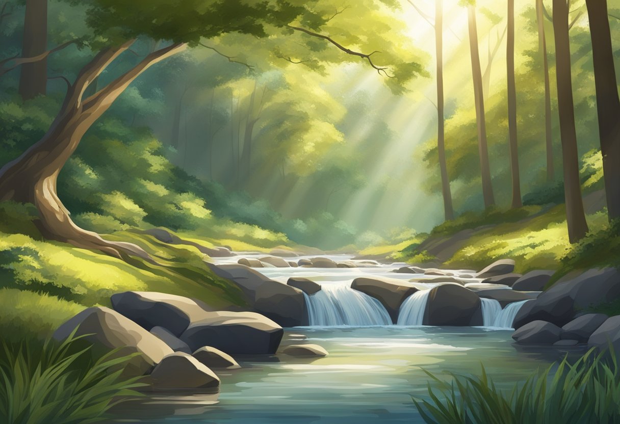 A serene natural setting with a flowing stream and sunlight breaking through the trees, creating a peaceful and calming atmosphere