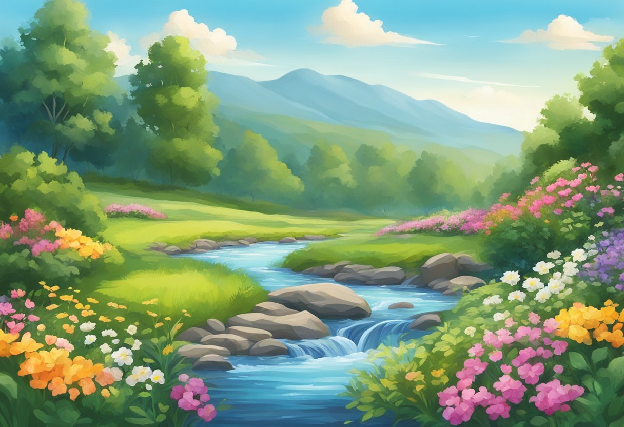 A serene landscape with a flowing stream, surrounded by lush greenery and colorful flowers, under a clear blue sky