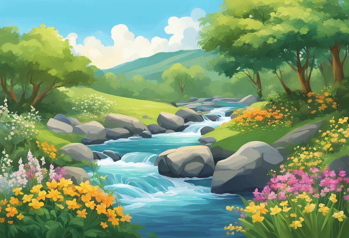 A serene natural landscape with a flowing stream, surrounded by lush greenery and colorful flowers, under a clear blue sky