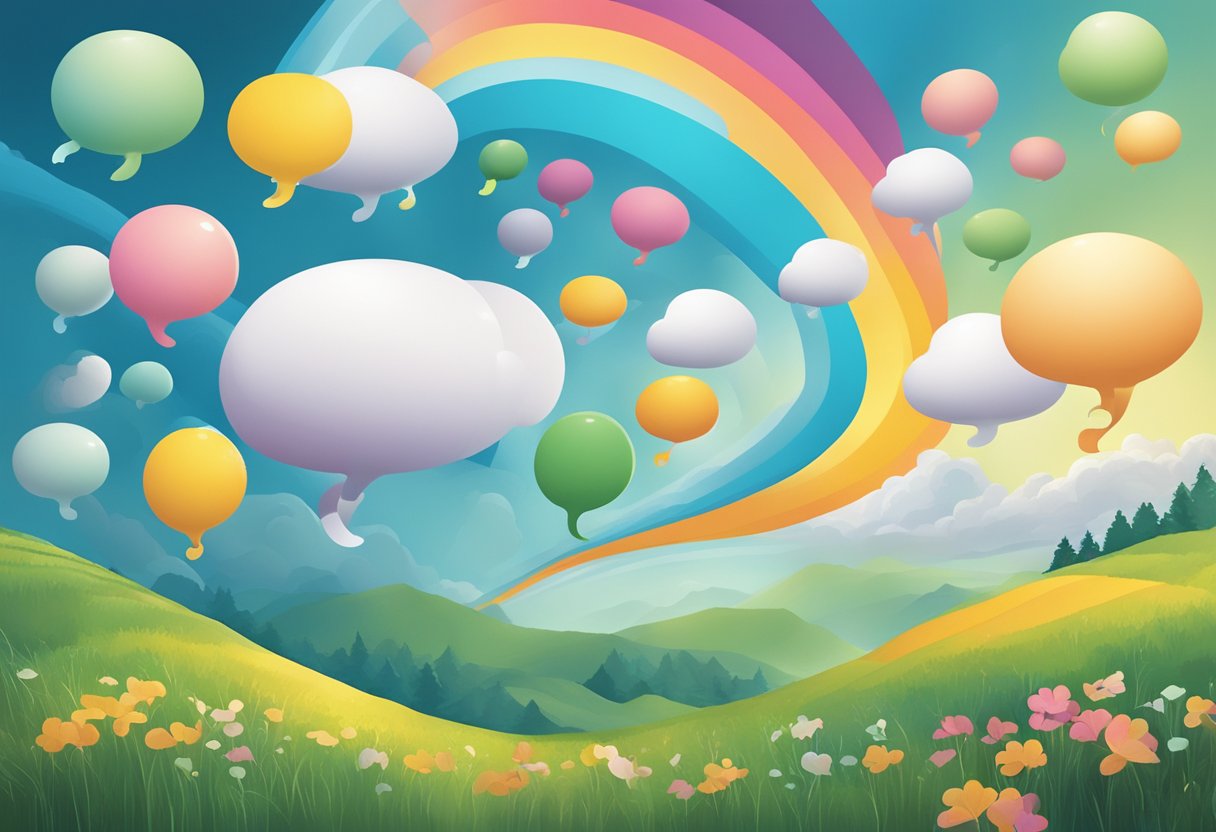 A serene setting with question marks floating above a field of colorful thought bubbles
