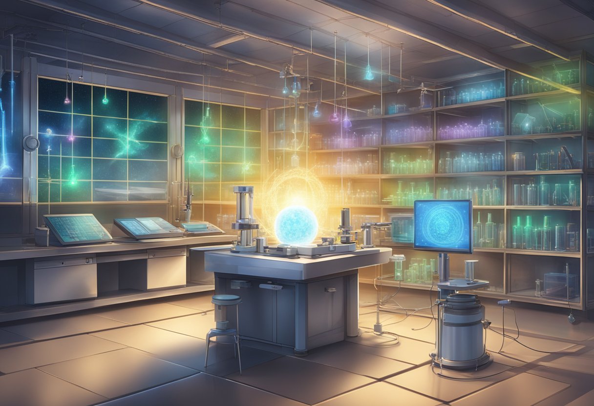 A laboratory setting with scientific equipment and a glowing, ethereal energy field representing quantum healing