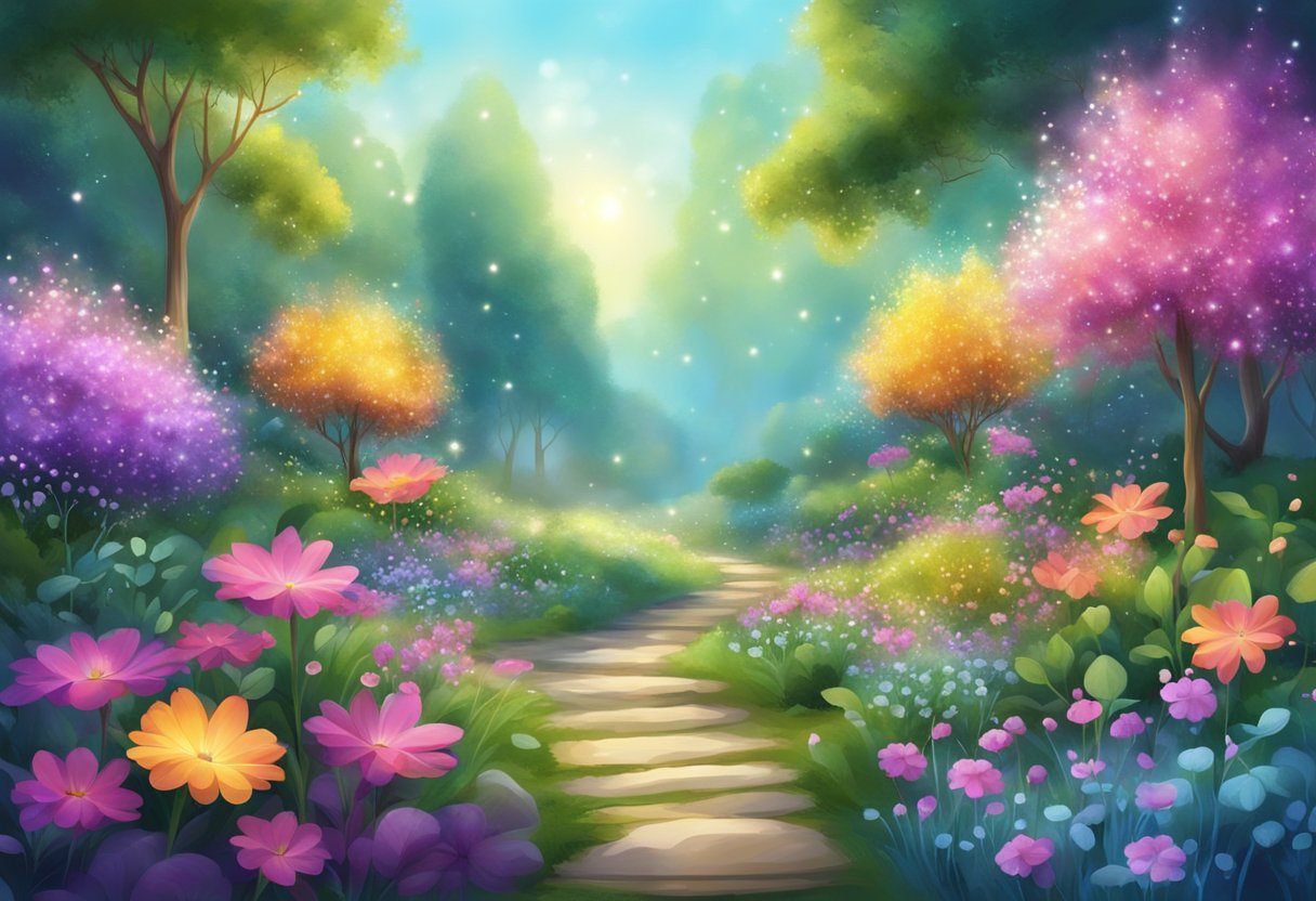 A serene garden with vibrant, glowing flowers and plants emitting a soft, healing energy. Sparkling particles float in the air, creating a sense of peace and rejuvenation