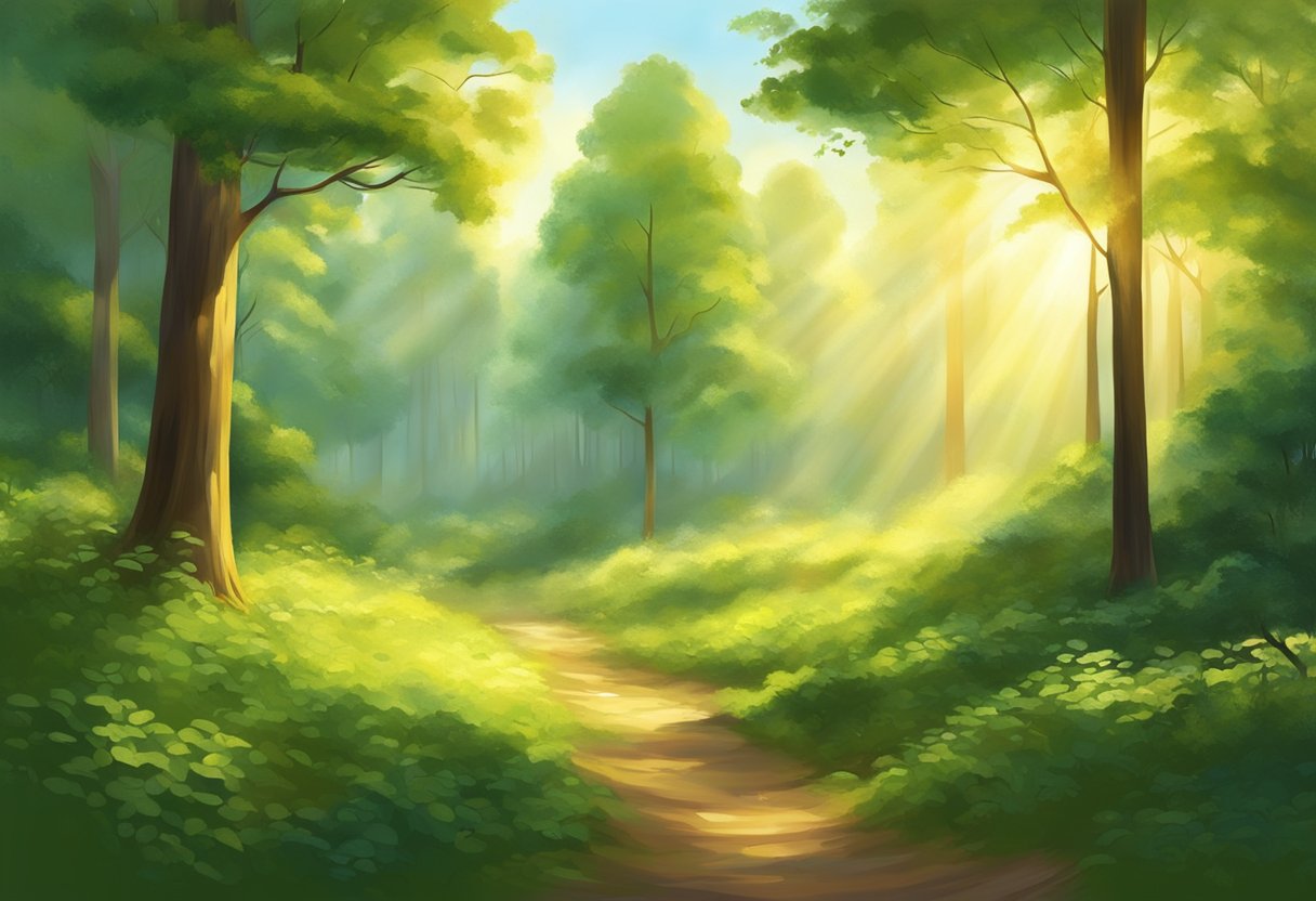 A serene forest clearing, bathed in golden sunlight, with vibrant green foliage and a sense of tranquil energy flowing through the air