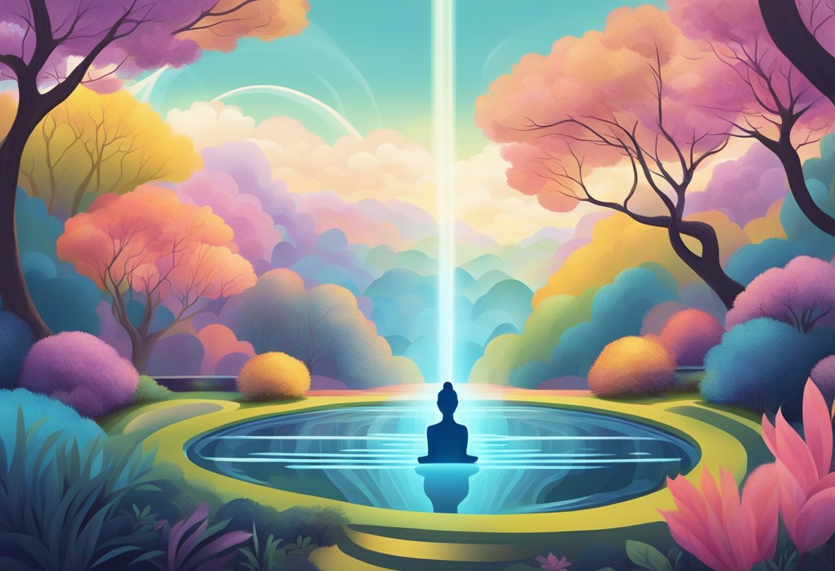 A serene garden with flowing energy lines surrounding a meditating figure. Bright colors and a sense of tranquility permeate the scene