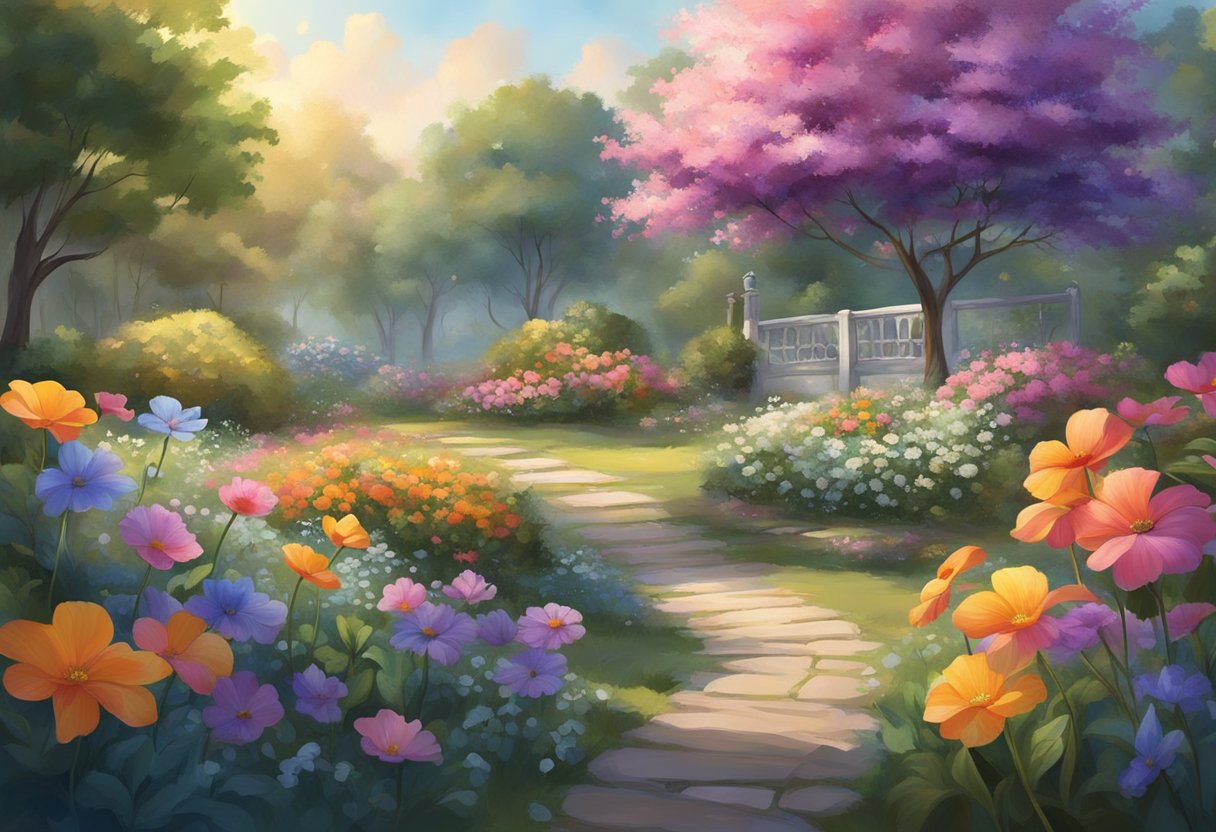 A serene garden with vibrant flowers and a gentle breeze, surrounded by soft, glowing energy