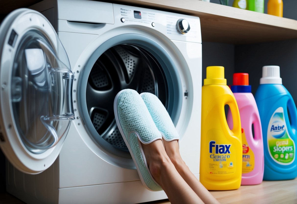 A pair of slippers being placed inside a washing machine, with various cleaning agents and detergents lined up nearby