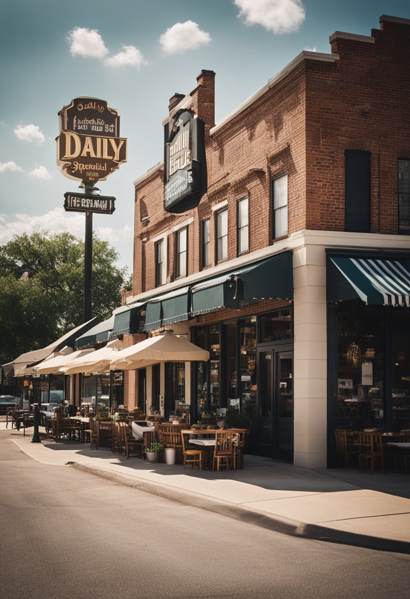 A bustling Southern restaurant in Waco, with outdoor seating, a charming storefront, and a sign advertising the daily specials