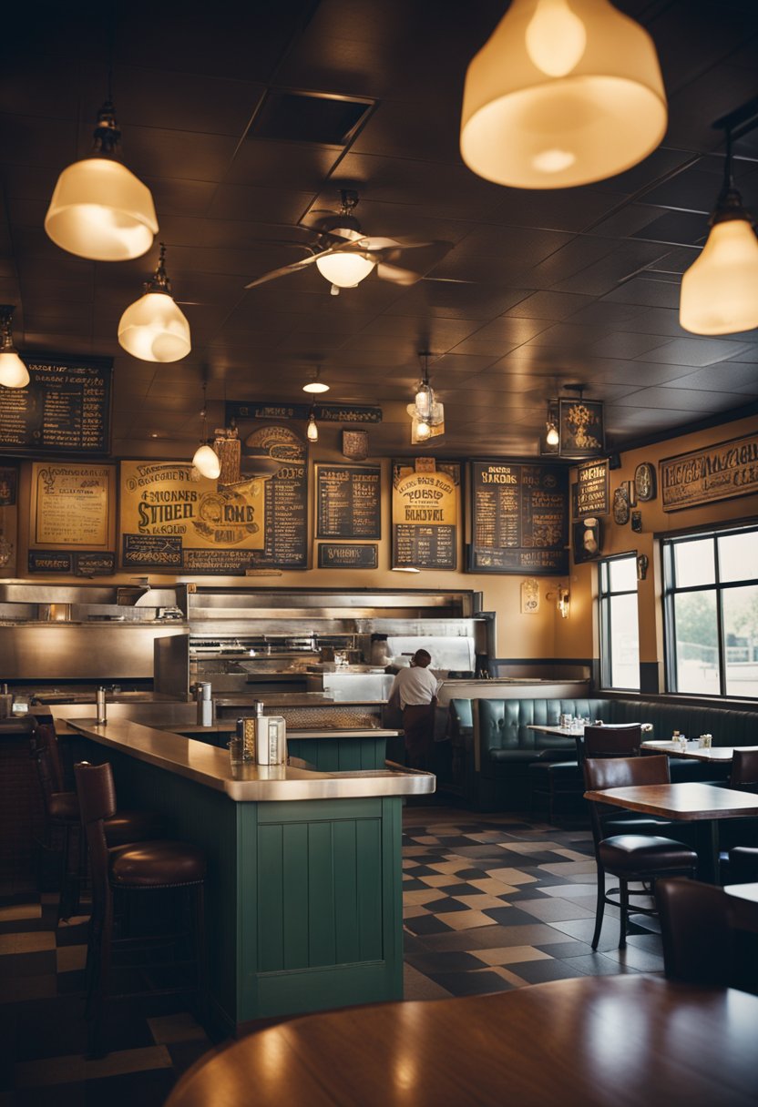 A bustling Southern restaurant in Waco, filled with the aroma of sizzling fried chicken, cornbread, and collard greens. The walls are adorned with vintage signs and photos of local food traditions