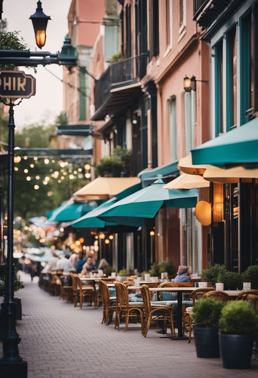 A bustling street lined with colorful, charming southern restaurants, each with their own unique flair and inviting outdoor seating areas