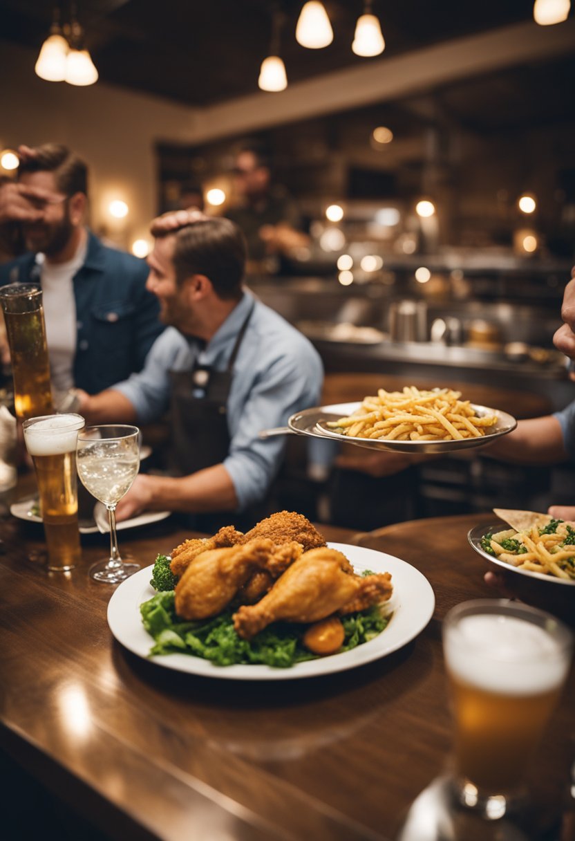 A bustling southern restaurant in Waco, filled with the aroma of sizzling fried chicken and the sound of laughter and clinking glasses