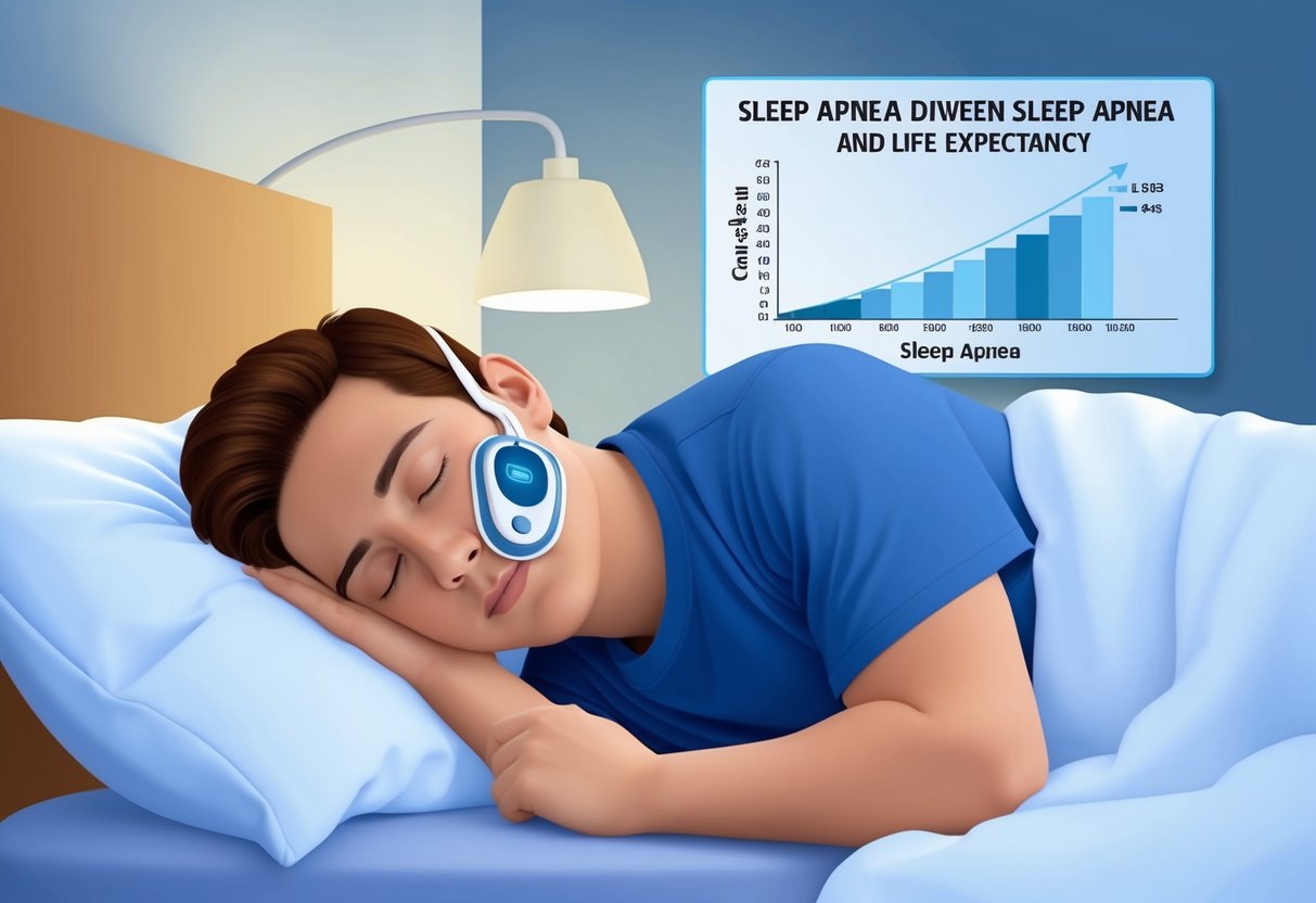 Une personne dormant paisiblement avec un dispositif de diagnostic de l'apnée du sommeil attaché à son visage, tandis qu'un graphique ou un tableau en arrière-plan illustre la corrélation entre l'apnée du sommeil et l'espérance de vie.