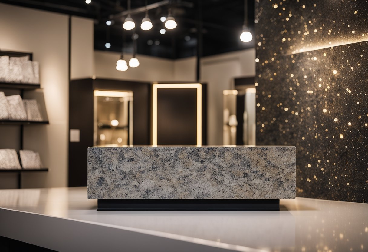 A granite slab rests on a showroom display, illuminated by overhead lights, showcasing its natural beauty and unique patterns