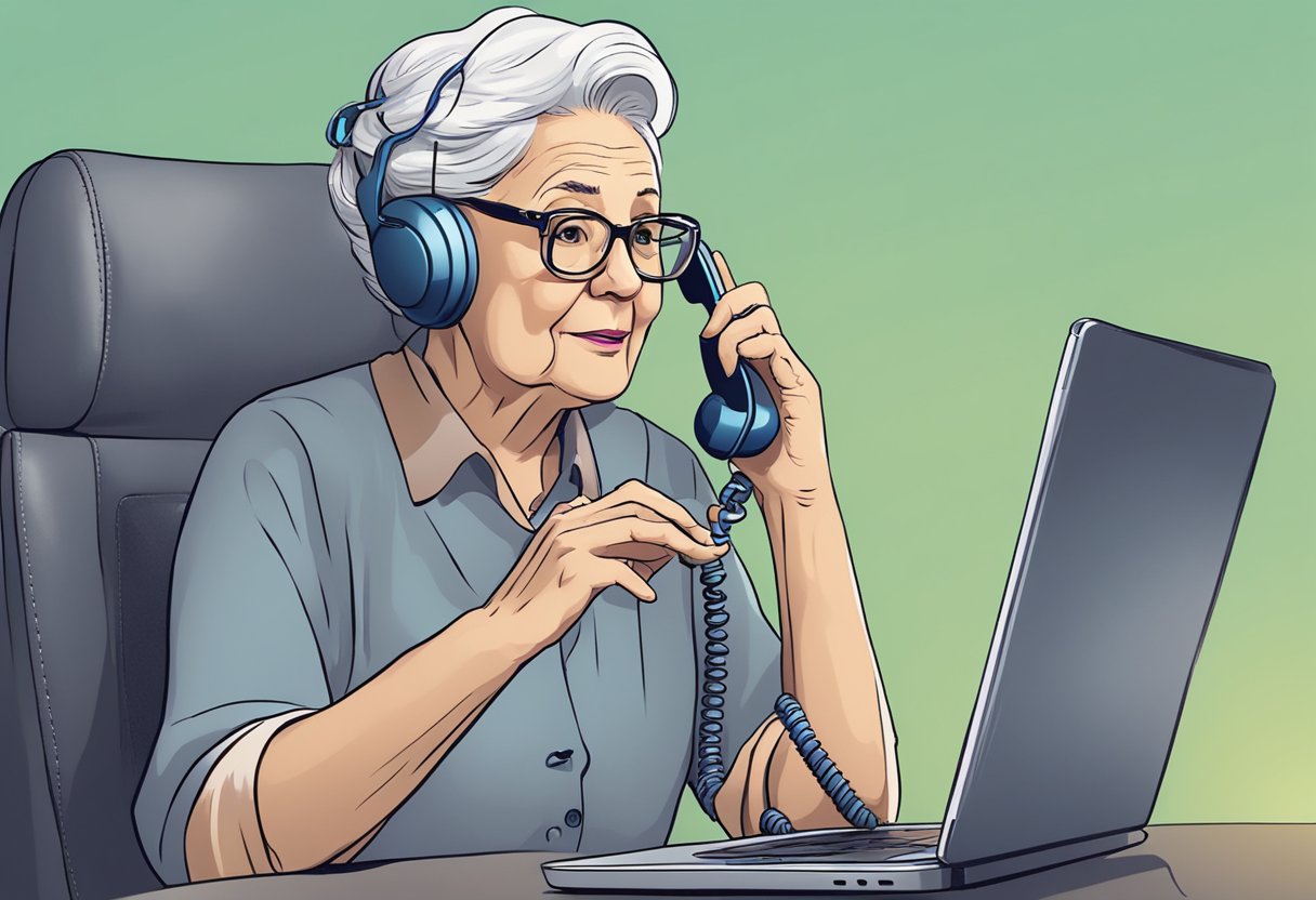 An AI "grandmother" on a phone, engaging in a meandering conversation with a scammer, while the phone network employs advanced technology to track and block the scam call