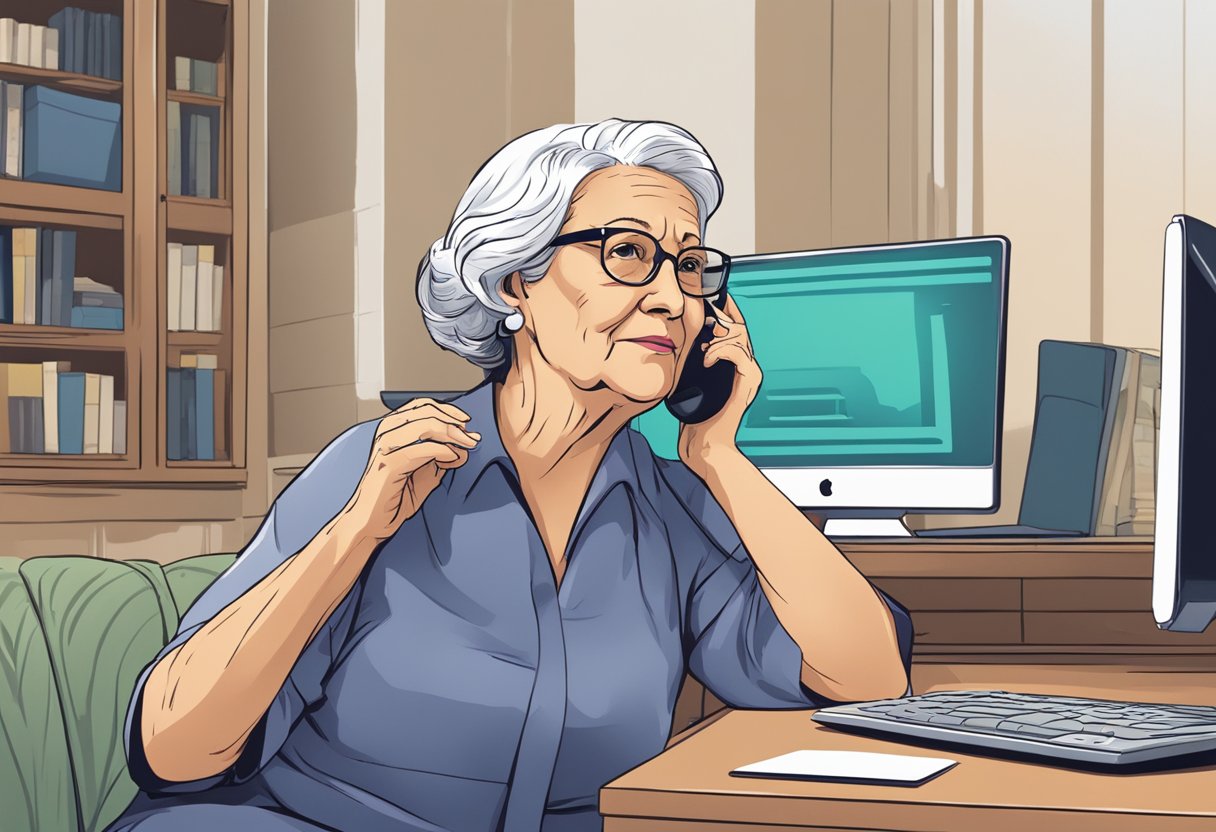 An AI "grandmother" on the phone, engaging in a meandering conversation with a scammer, while the scammer looks frustrated and impatient