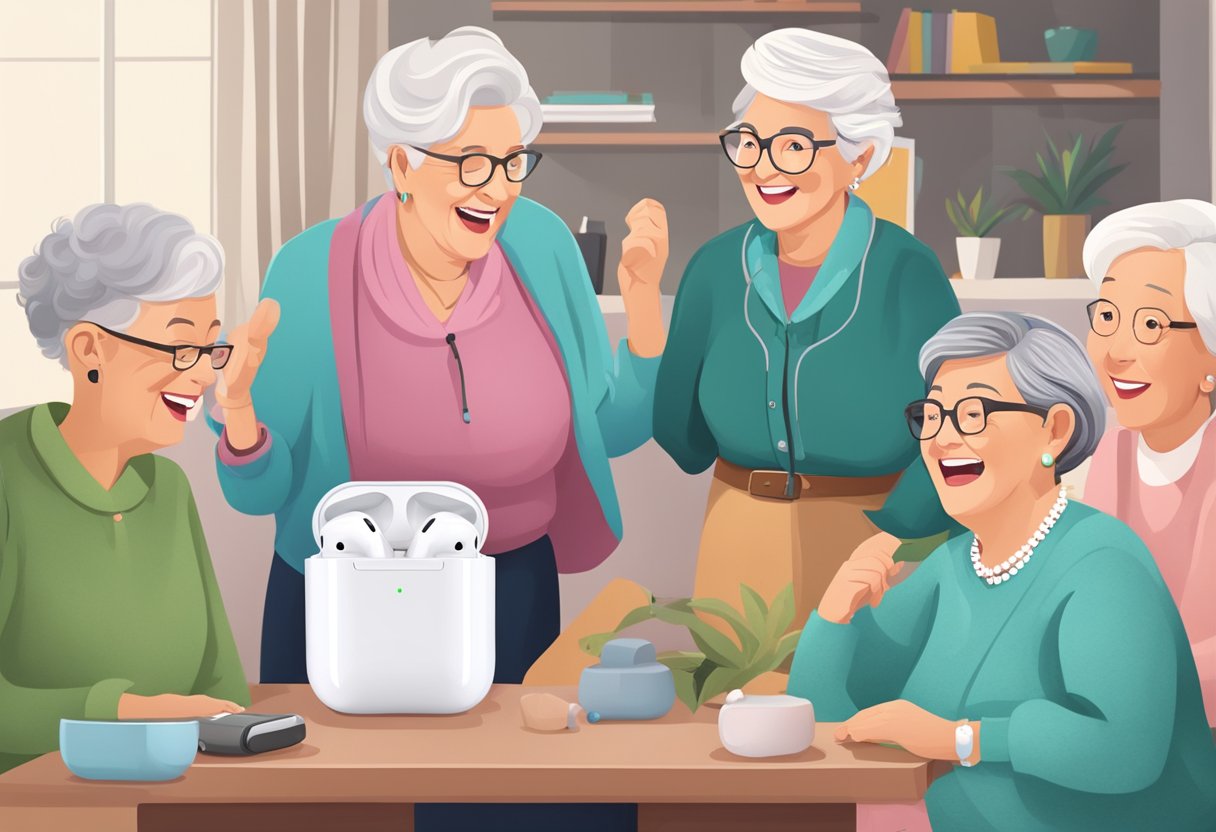 An open AirPods case with wires connecting to a pair of hearing aids, surrounded by a group of excited grandmas