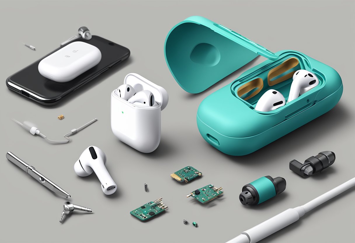 An open AirPods case with a circuit board and small tools scattered around, connected to a rudimentary hearing aid device