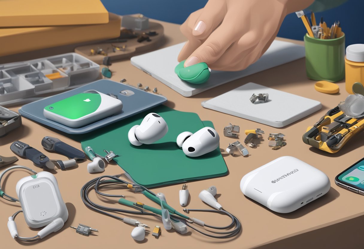 A pair of modified AirPods sits on a workbench, with small electronic components and tools scattered around. An elderly woman's hearing aid is shown next to them for comparison